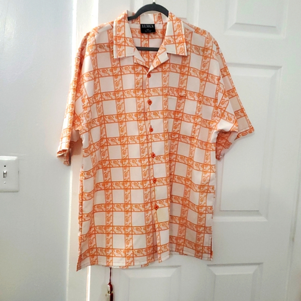 Numen Classic Men’s Short Sleeve Button Down Orange White Paisley 2XL Shirt